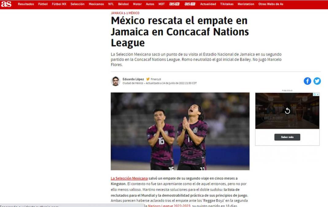 Diario As - “México rescata el empate en Jamaica en Concacaf Nations League”.