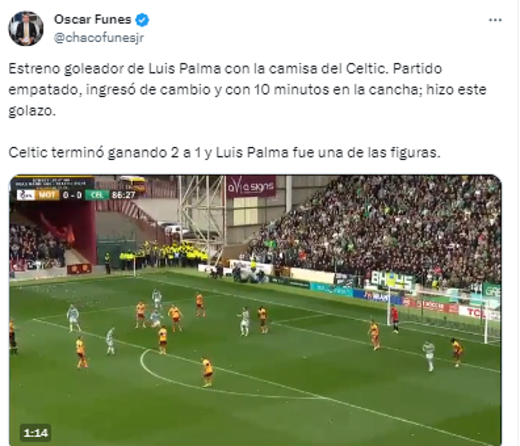 Oscar Funes, periodista hondureño: “Estreno goleador de Luis Palma con la camiseta del Celtic. Partido empatado, ingresó de cambio y con 10 minutos en la cancha; hizo este golazo”.