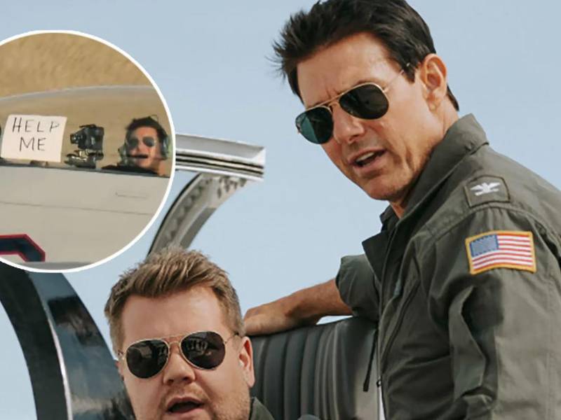 El presentador James Corden, fiel a su estilo cómico”, pidió “ayuda” para no volar con Tom Cruise.