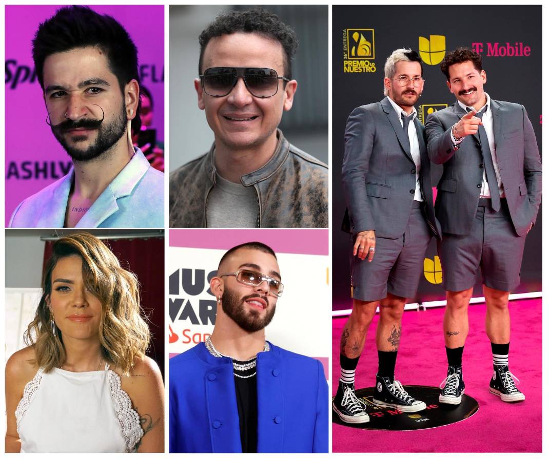 Composición de cinco fotografías de archivo donde aparecen los cantantes latinos de pop (de i a d) Camilo, Fonseca, Kany García, Manuel Turizo y el duo Mau y Ricky.