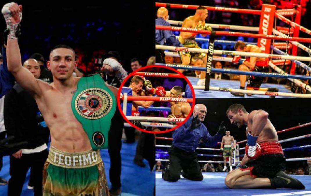 Las imágenes de la victoria contundente de Teófimo López por nocaut sobre el finlandés Edis Tatli y como celebró el boxeador hondureño tras derribar a su rival. Fotos Jonathan Loarca y AFP