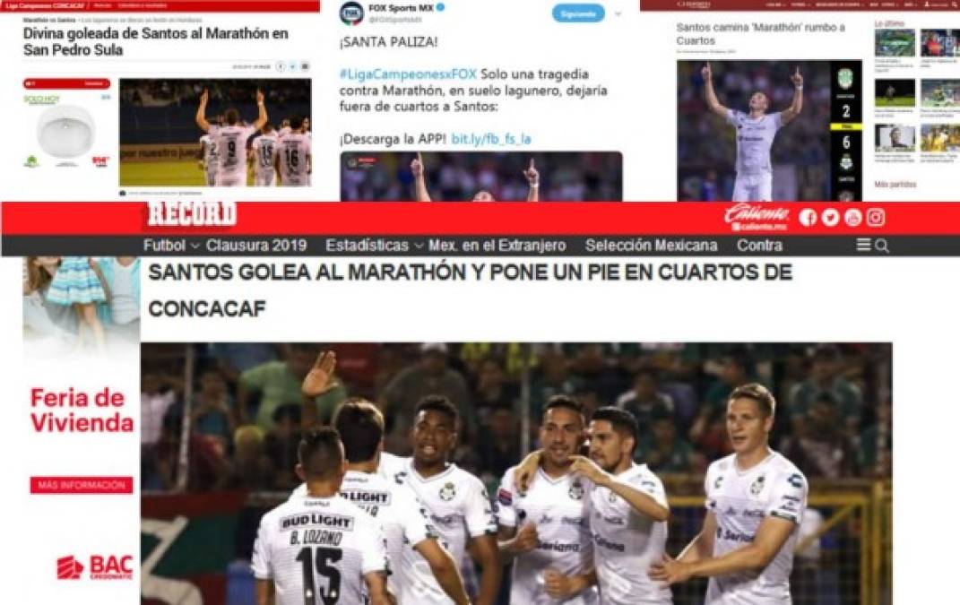 Los diarios internacionales, entre ellos de México, destacaron la paliza del Santos (2-6) al Marathón en la Concachampions.