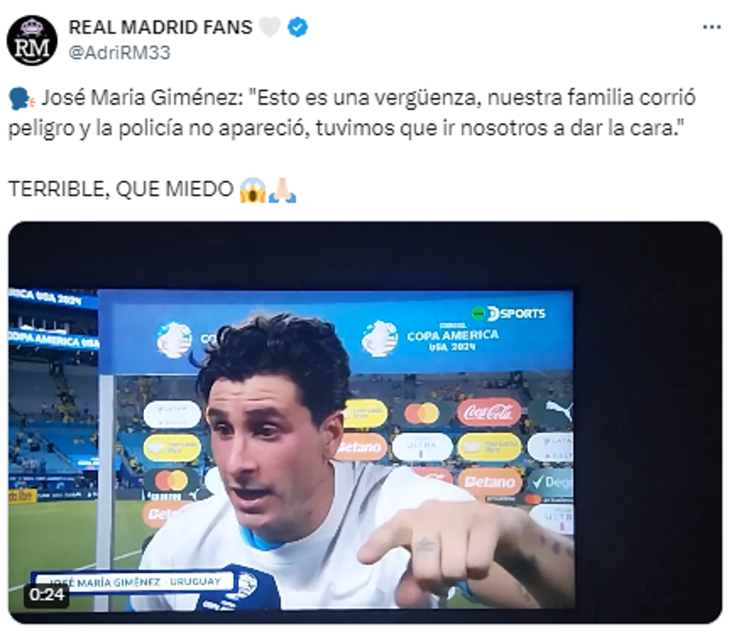 “Esto es un desastre. Nuestra familia corrió peligro. Tuvimos que meternos para la tribuna a sacar a nuestros seres queridos, con bebés chiquitos recién nacidos”, declaró el jugador del Atlético de Madrid.