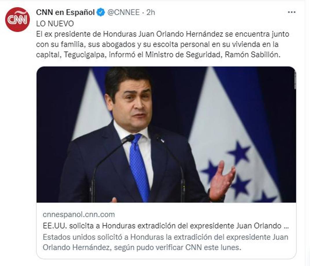 La cadena informativa CNN exhibió el documento en el cual el Ministerio de Relaciones Exteriores hace la solicitud a la Corte Suprema “con el propósito de extradición a los Estados Unidos de América de Juan Orlando Hernández Alvarado, alias JOH”.
