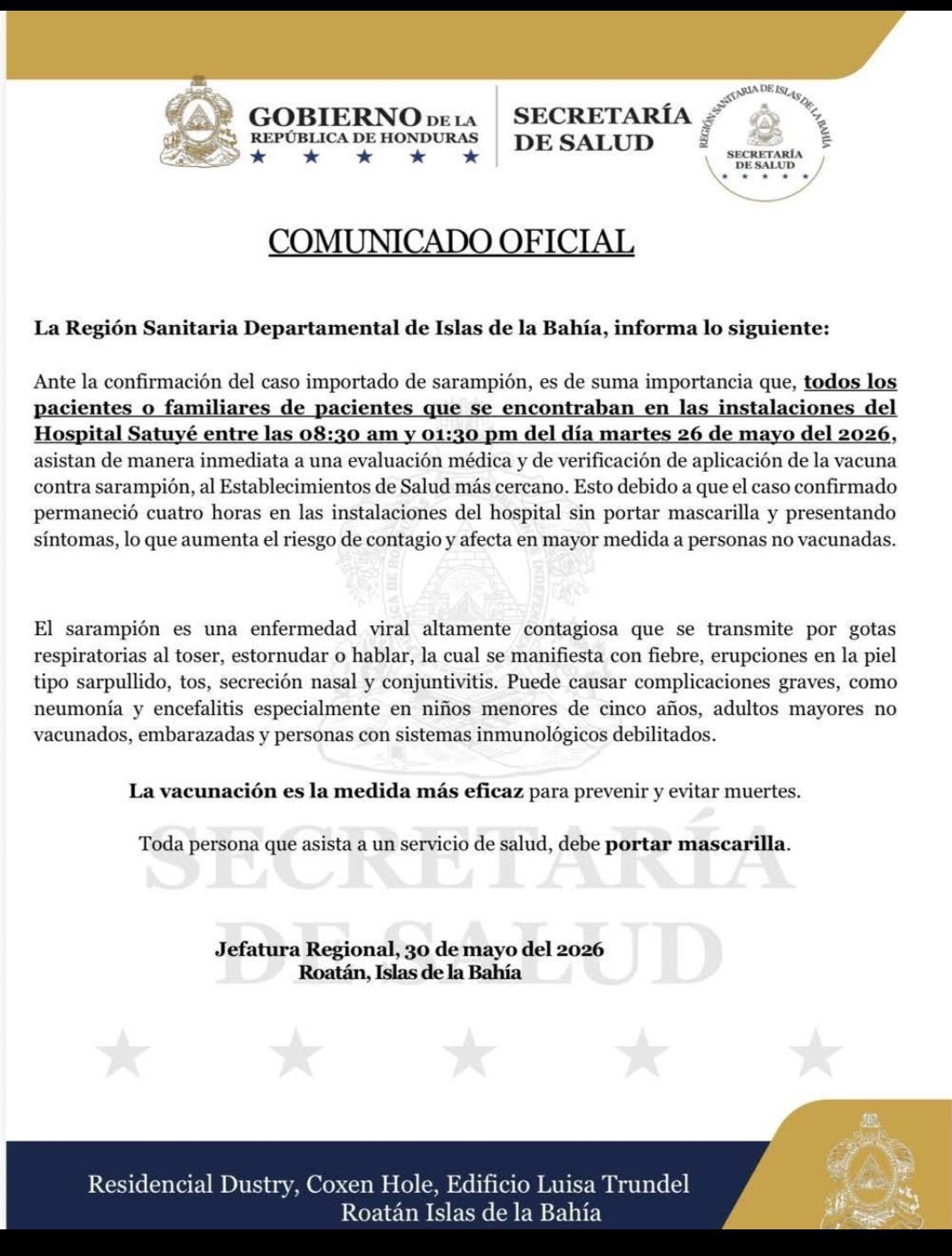 Convocan a vacunación inmediata tras confirmarse caso de sarampión en Roatán