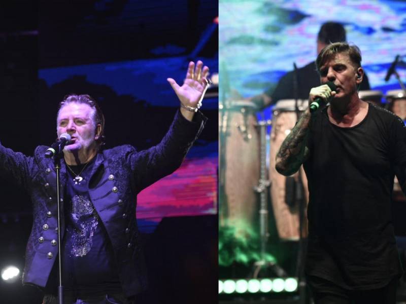 Miguel Mateos y Mario “Pájaro” Gómez, líder de Vilma Palma, durante su show en San Pedro Sula.