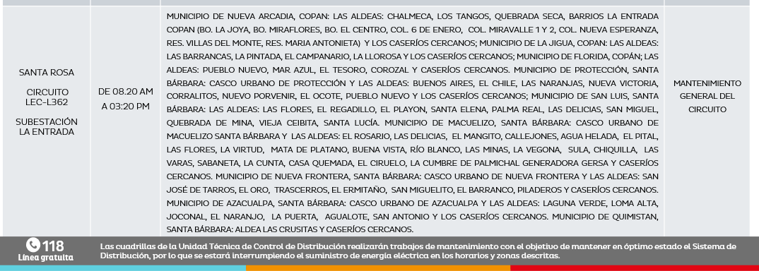Cortes de energía este miércoles 6 de noviembre en Honduras