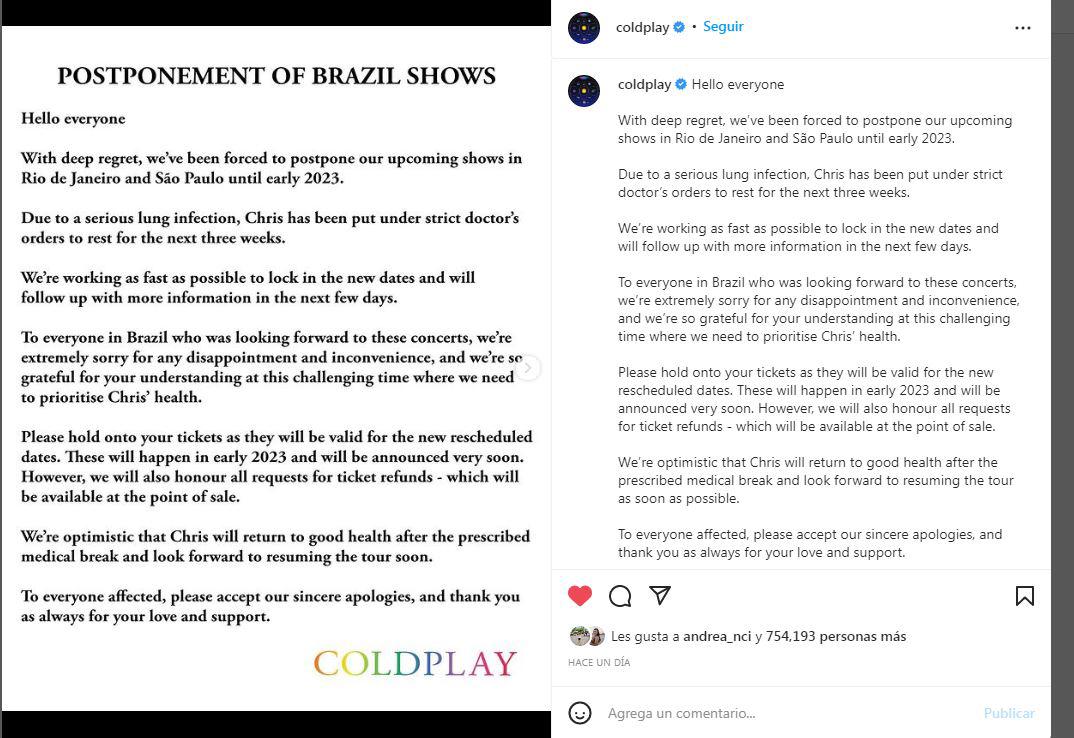 La banda publicó un comunicado en sus redes sociales.