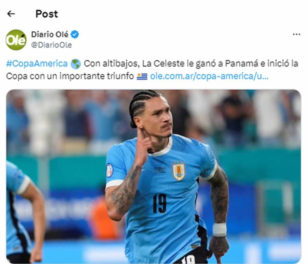 Diario Olé de Argentina - “Con altibajos, La Celeste le ganó a Panamá e inició la Copa con un importante triunfo”.
