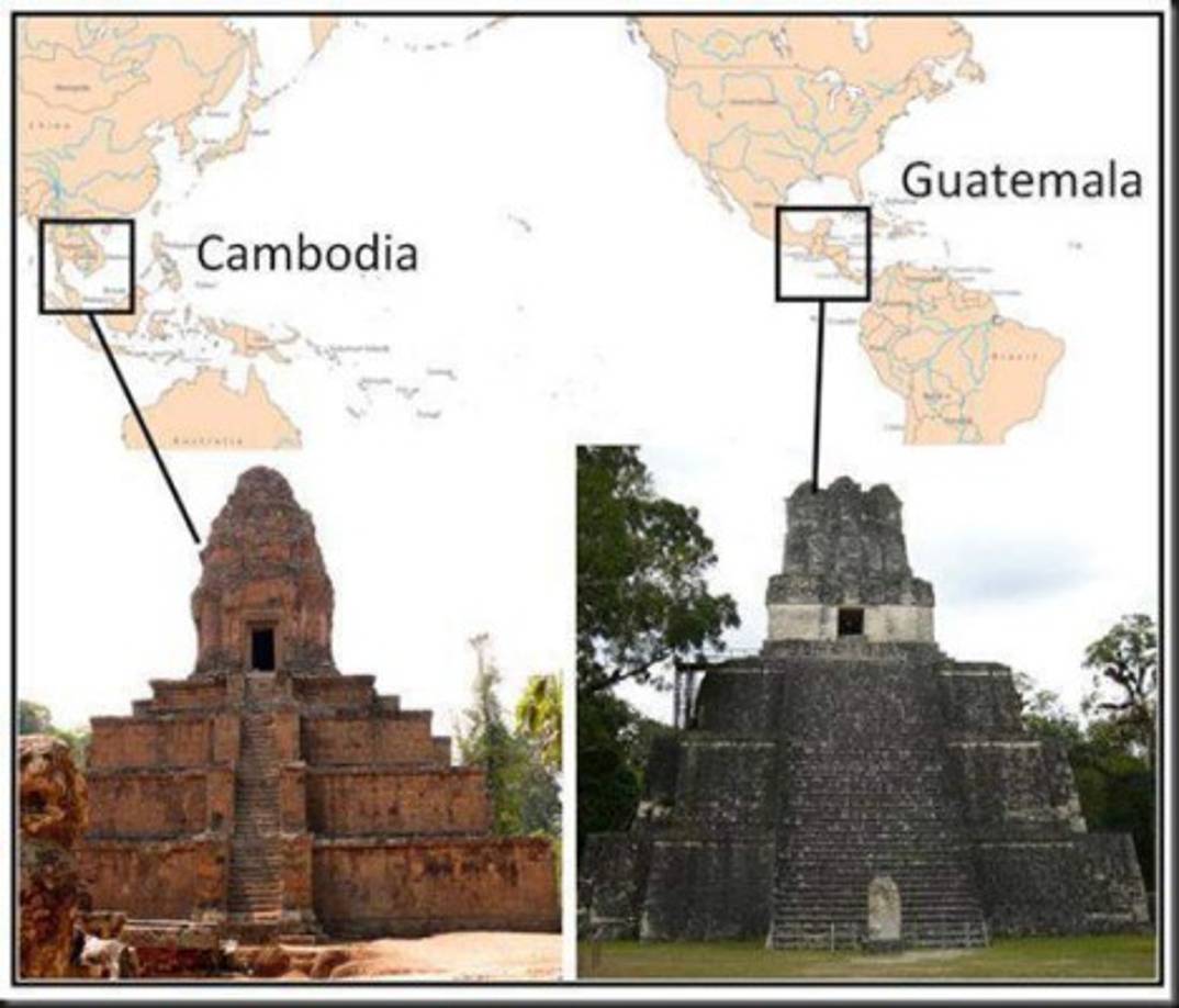 <br/>Mismo numero de de pisos y probablemente el mismo numero de escalones ( o muy similar). Entrada en lo alto con una representación de la glándula pineal. Estructuras localizadas en el planisferio mas o menos a la misma distancia del ecuador. ¿Pudieron ser construidas por la misma civilización o acaso fueron civilizaciones distintas con un común antecesor?