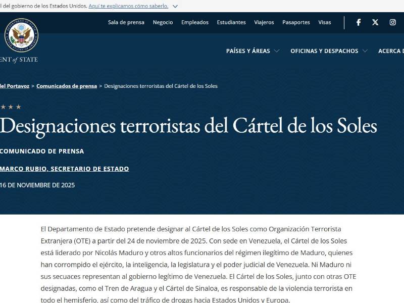 Captura de pantalla del portal del Departamento de Estado, anunciando la designación del Cártel de los Soles.