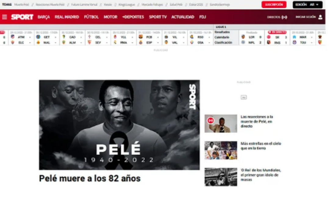 Diario Sport de España: “Pele muere a los 82 años”