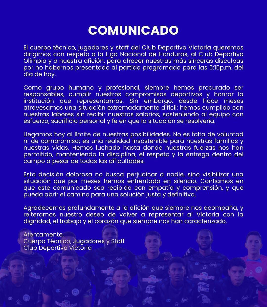 Este fue el comunicado de los jugadores, cuerpo técnico y staff del Victoria.