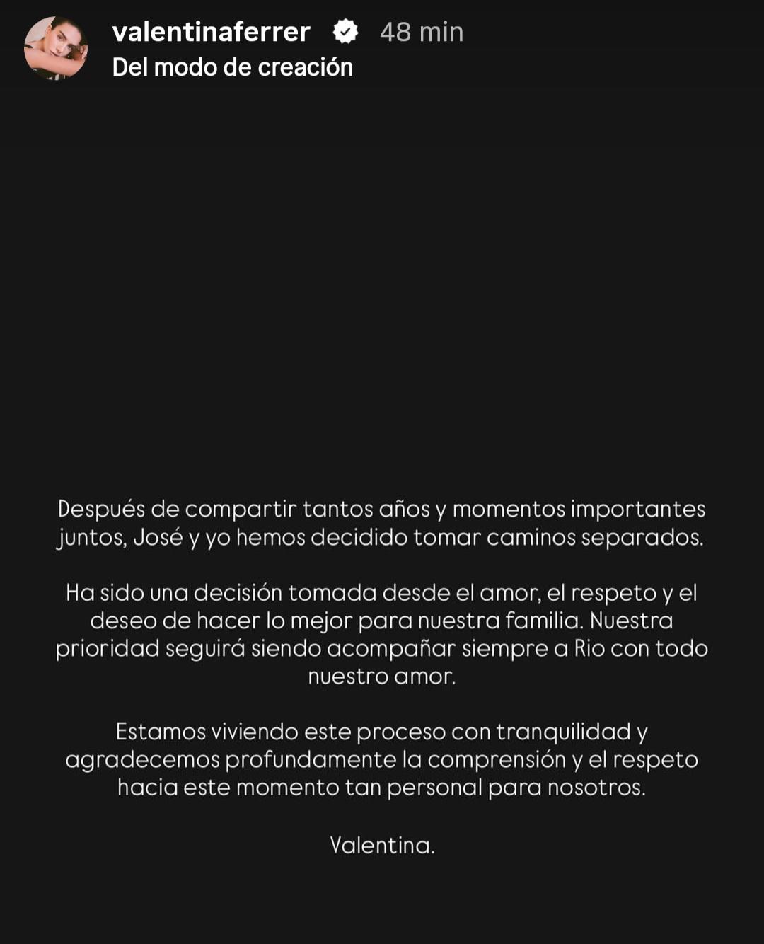 Valentina Ferrer publicó este comunicado en las historias de su Instagram.