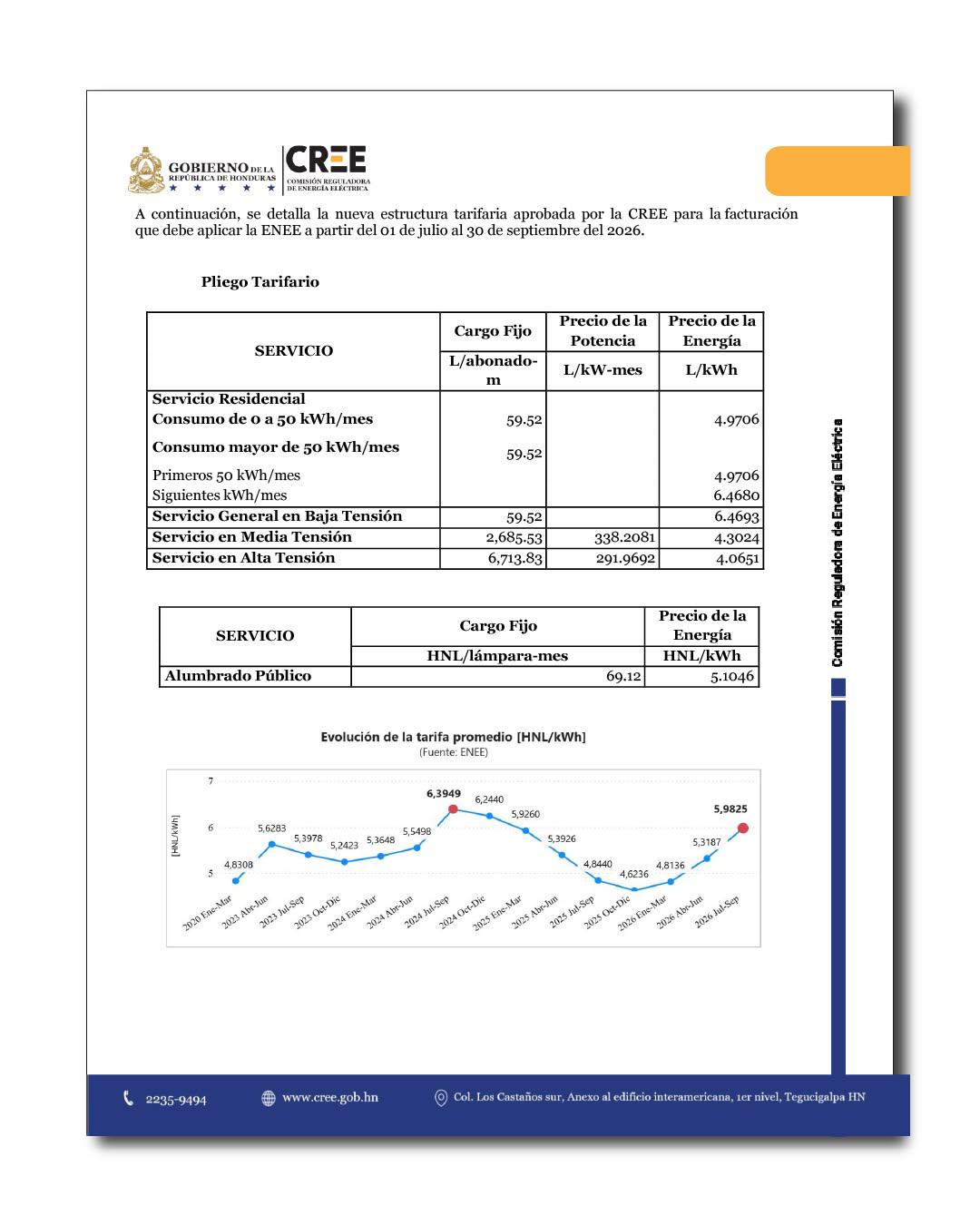 Ajuste de la tarifa de energía para los meses de julio, agosto y septiembre de 2026.