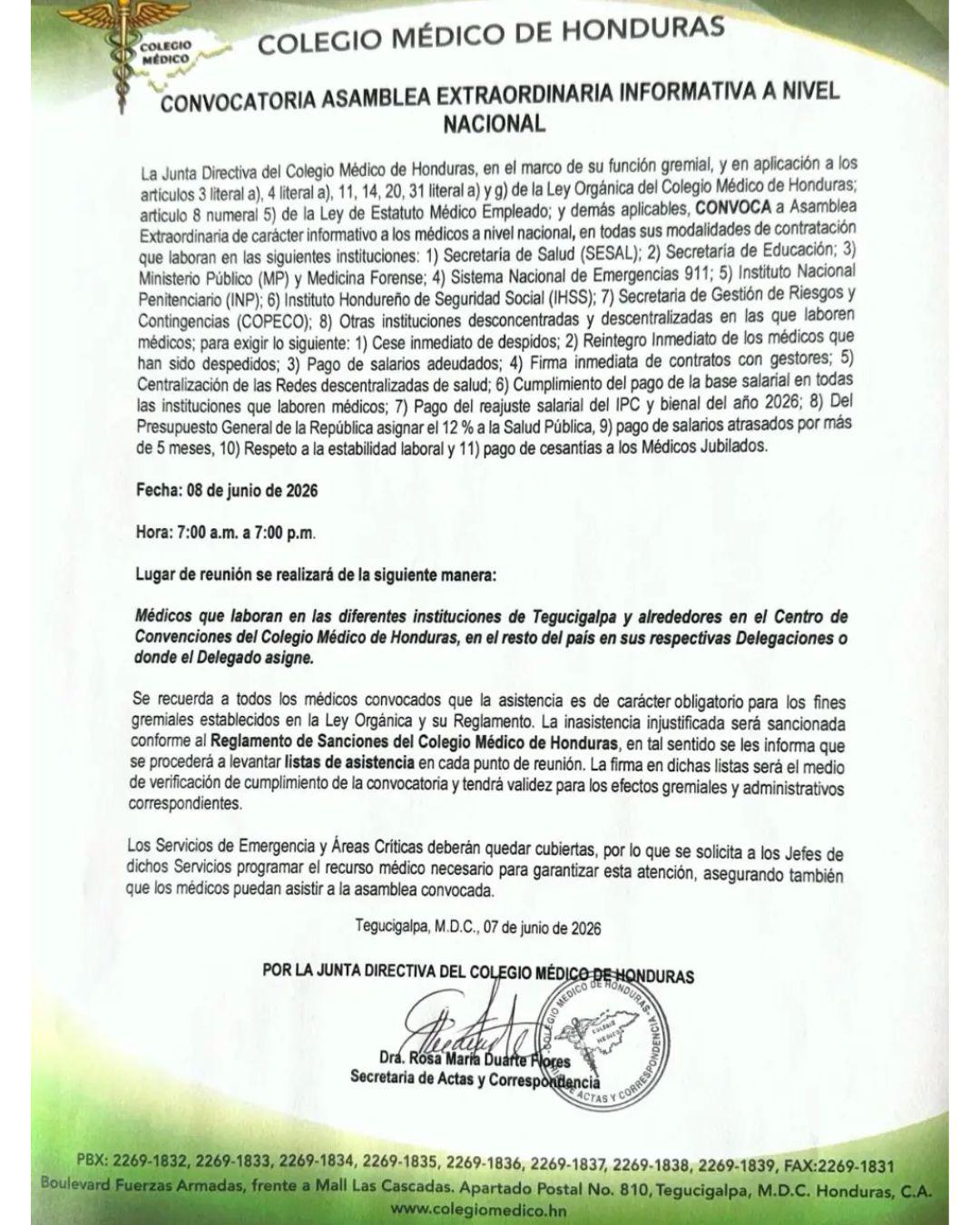 El Colegio Médico de Honduras convoca desde este lunes 8 de junio a una nueva jornada de asambleas informativas.