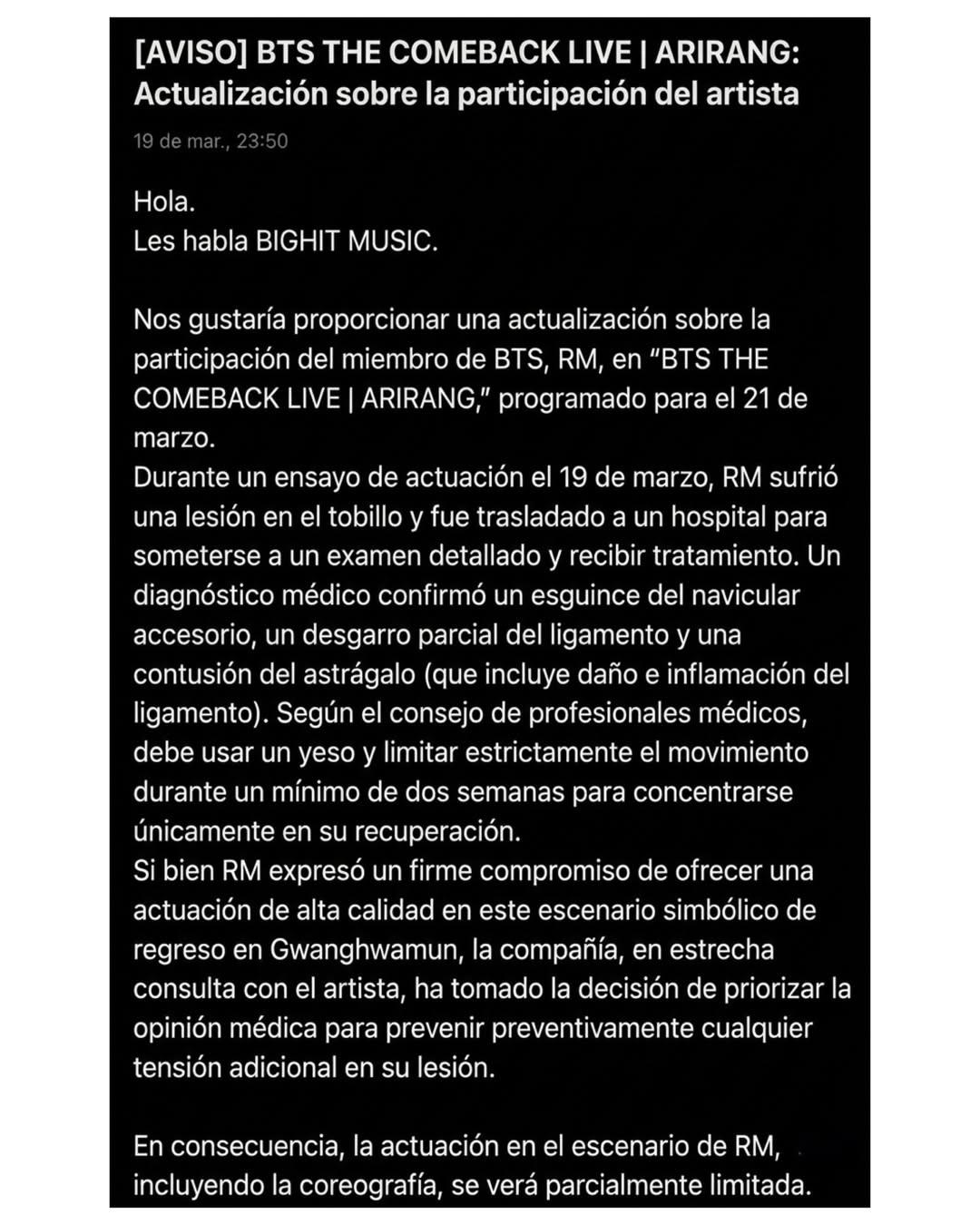 RM sufre lesión antes del esperado regreso de BTS