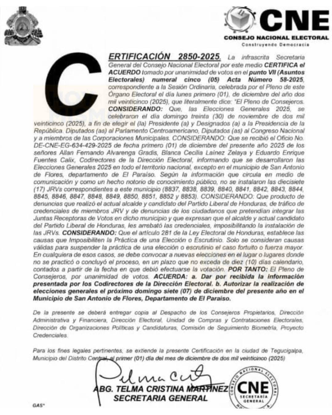 La certificación publicada por el CNE este martes.