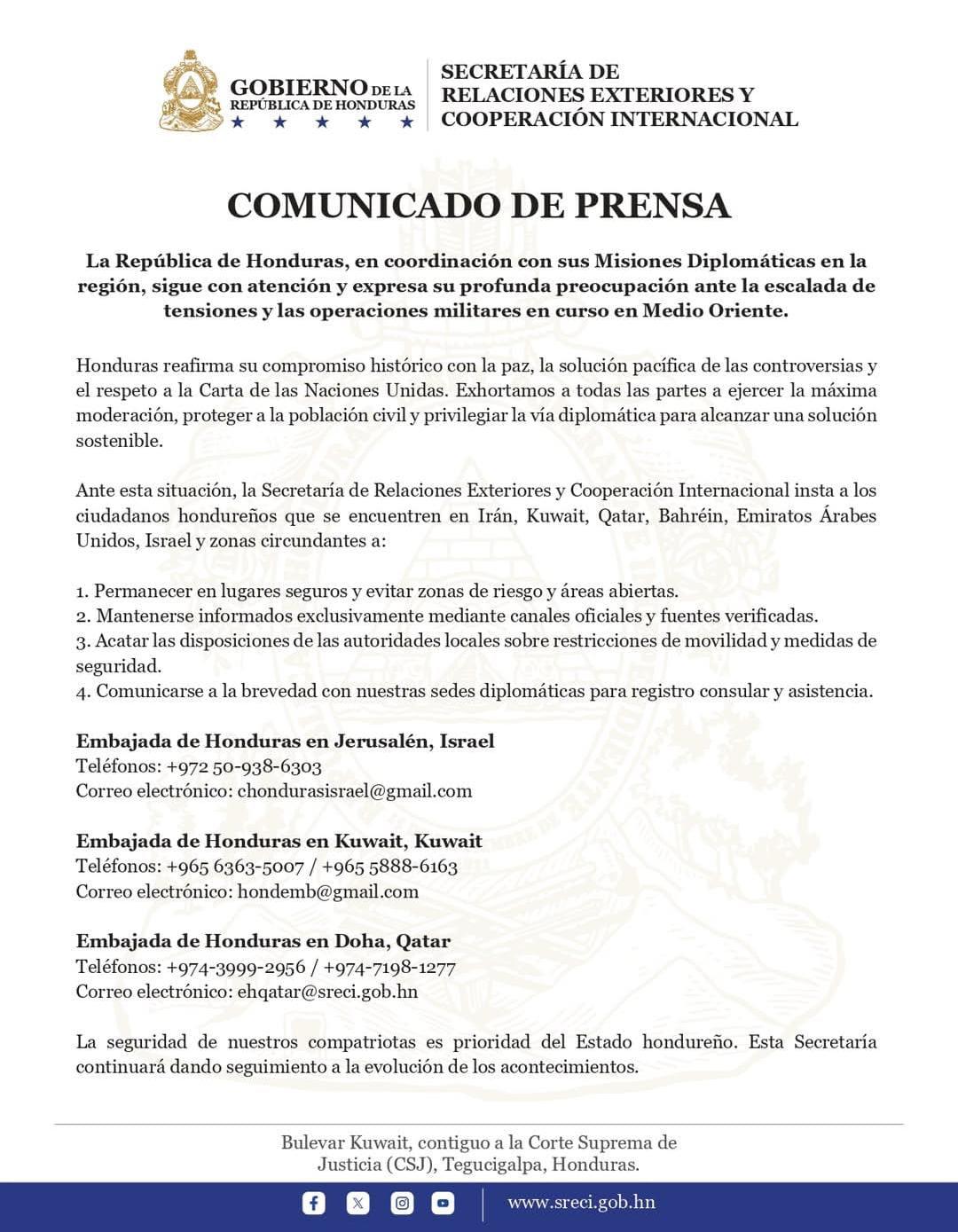 Comunicado de la Cancillería de Honduras luego de los ataques contra Irán por parte de Israel y Estados Unidos.