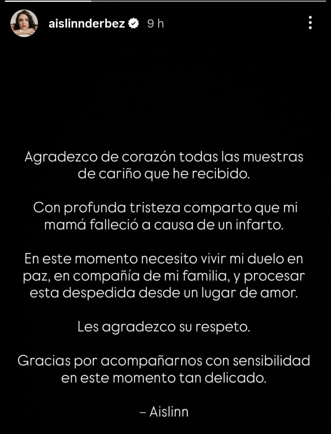 Por medio de sus historias de Instagram, Aislinn Derbez informó la causa de la muerte de su madre, Gabriela Michel.