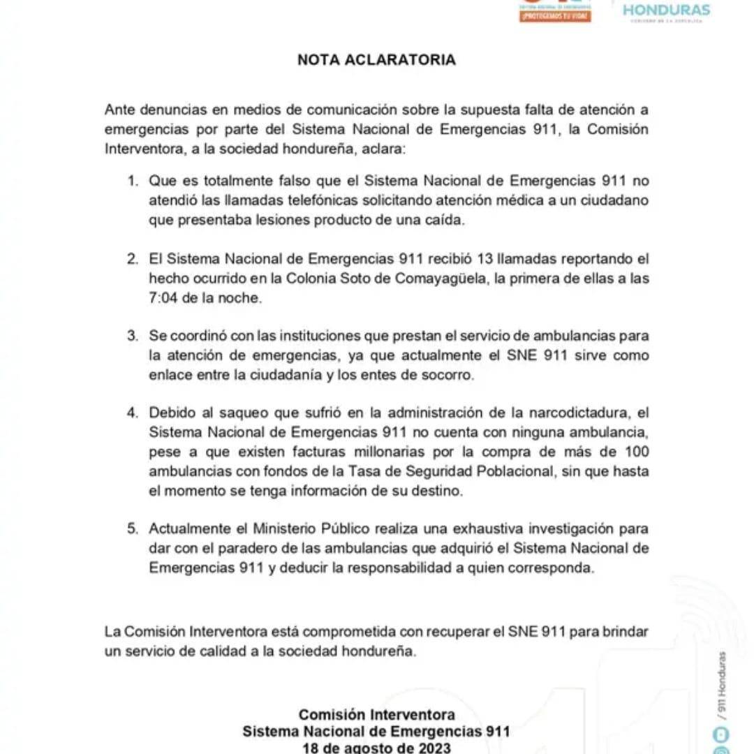 $!El comunicado emitido por la Comisión Interventora del Sistema Nacional de Emergencias (911).