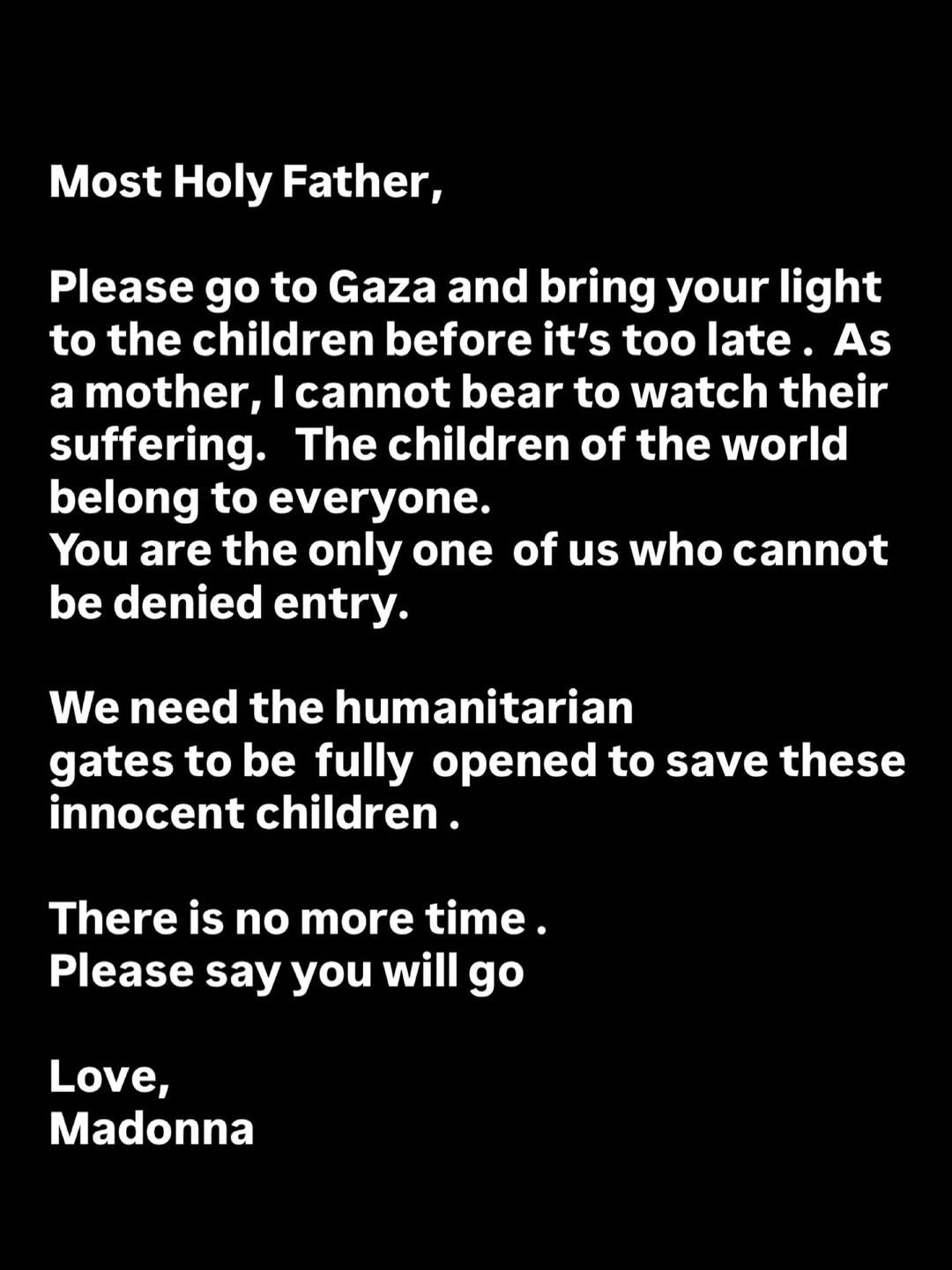 Madonna pide ayuda para salvar a niños de Gaza de la hambruna