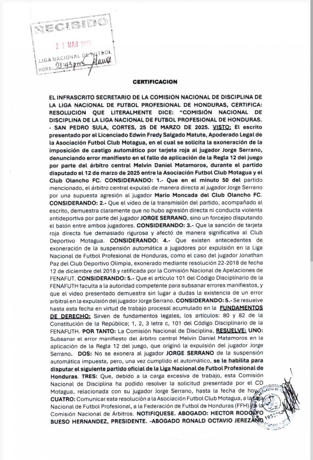 Certificación de la Comisión de Disciplina a Motagua.