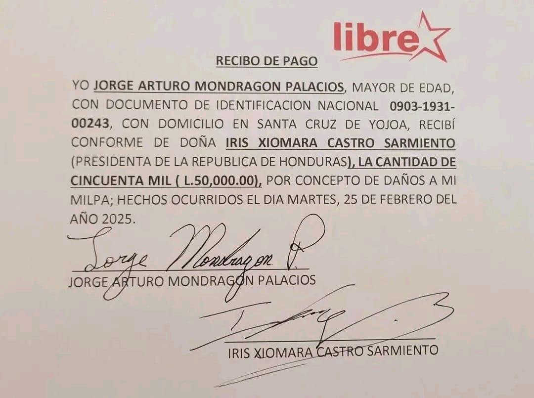 La cantidad de dinero que Xiomara Castro entregó por daños a milpa donde aterrizó