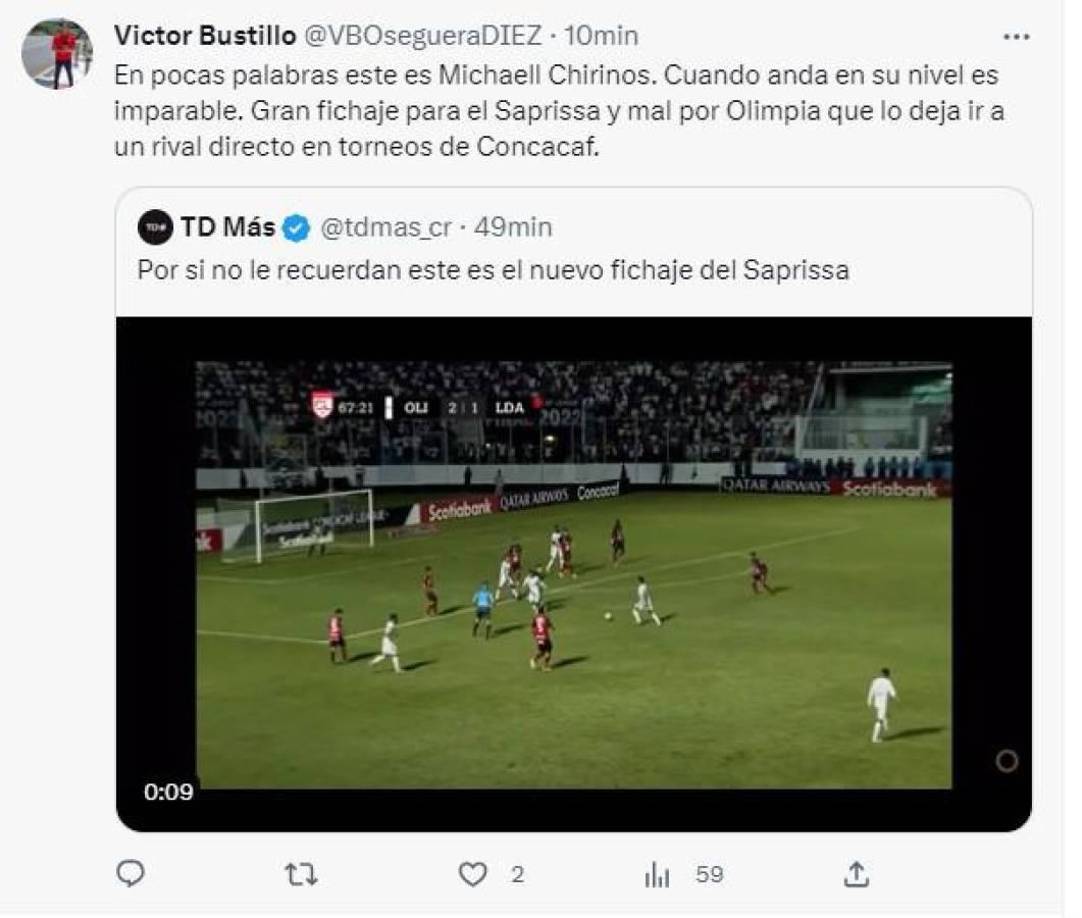 Victor Bustillo, periodista de Diario Diez: “Gran fichaje para el Saprissa y mal por Olimpia que lo deja ir a un rival directo en torneos de Concacaf”.
