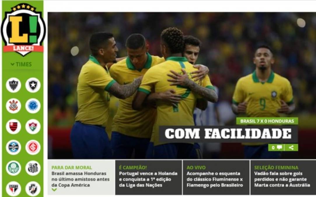 Diario Lance! de Brasil - 'Con facilidad. Brasil amasa a Honduras en el último amistoso de la Copa América'.