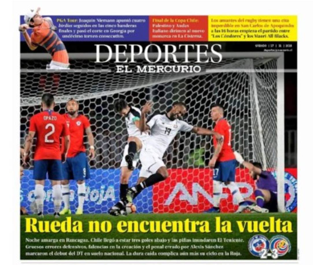 El diario El Mercurio tituló 'Rueda no encuentra la vuelta'. 'Noche amarga en Rancagua. Chile llegó a estar abajo tres goles y las pifias inundaron El Teniente. Gruesos errores defensivos, falencias en la creación y el penal errado por Alexis Sánchez, marcaron el debut del DT en suelo nacional'.