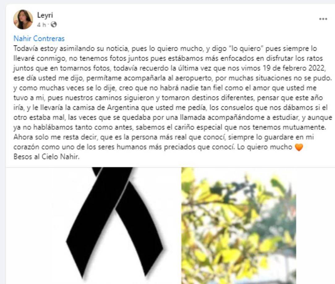 Otro de los conmovedores mensajes que se pueden leer en honor a Nahir Contreras. 