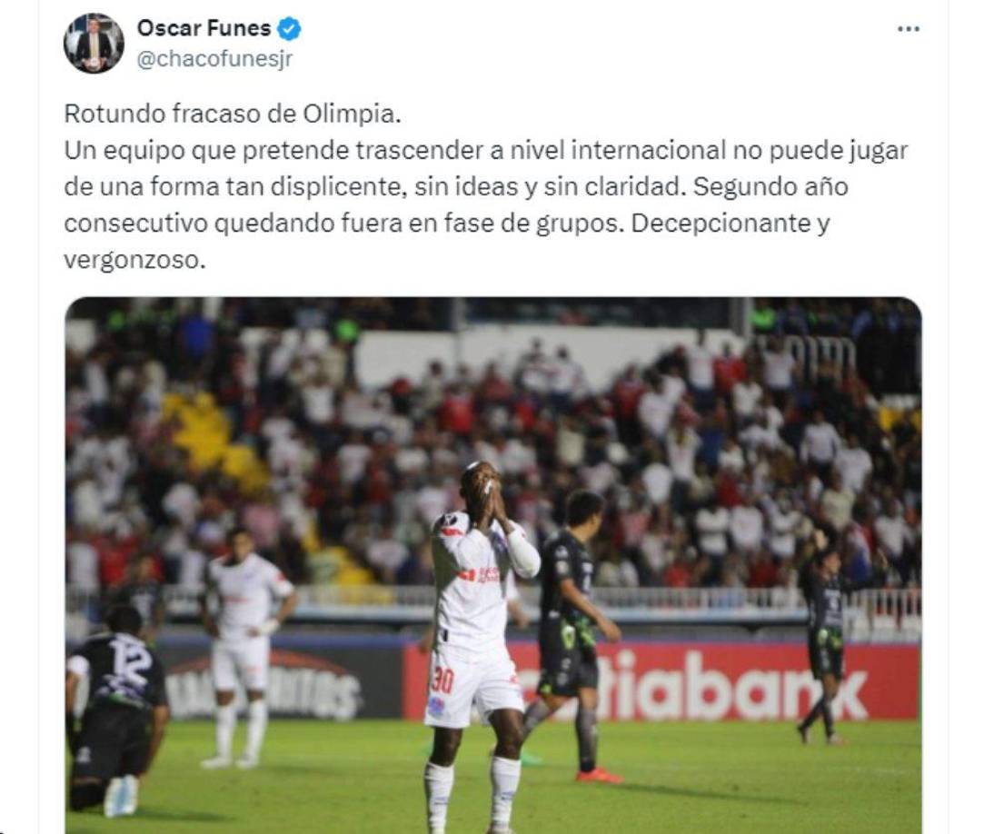 Chaco Funes: “Rotundo fracaso de Olimpia. Un equipo que pretende trascender a nivel internacional no puede jugar de una forma tan displicente, sin ideas y sin claridad. Segundo año consecutivo quedando fuera en fase de grupos. Decepcionante y vergonzoso.”