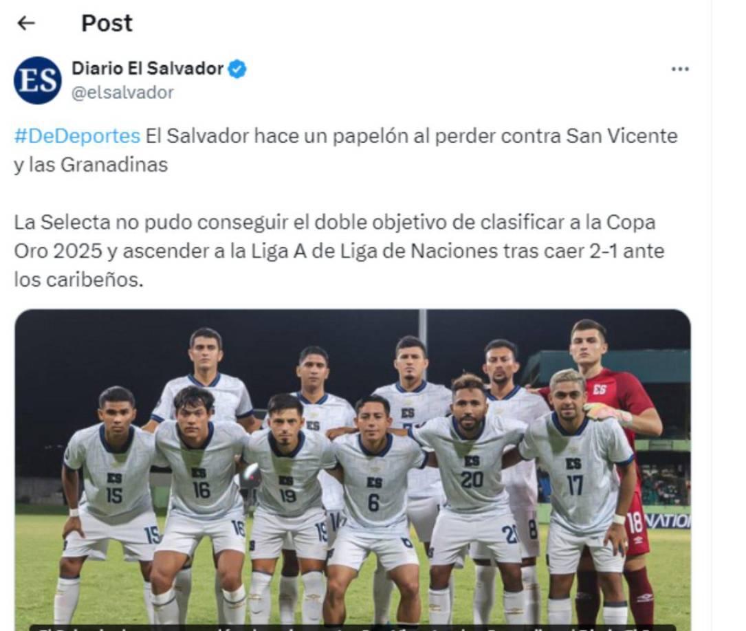 Medios salvadoreños calificaron de papelón la caída ante San Vicente y las Granadinas. 