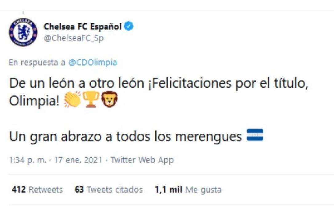 La cuenta oficial del Chelsea de Inglaterra sorprendió al dejar su mensaje de felicitación para el Olimpia.