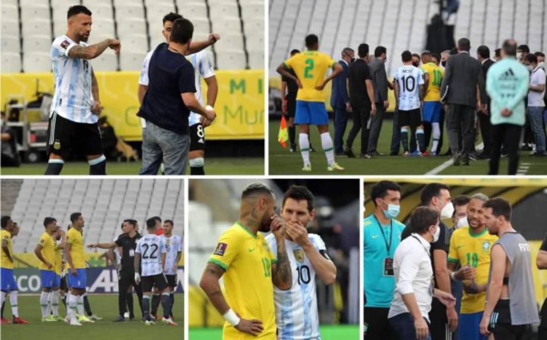Las imágenes del escándalo del partido Brasil-Argentina que fue interrumpido por autoridades sanitarias brasileñas a los pocos minutos de iniciar y finalmente quedó suspendido, confirmado por la Conmebol. Foto AFP/EFE