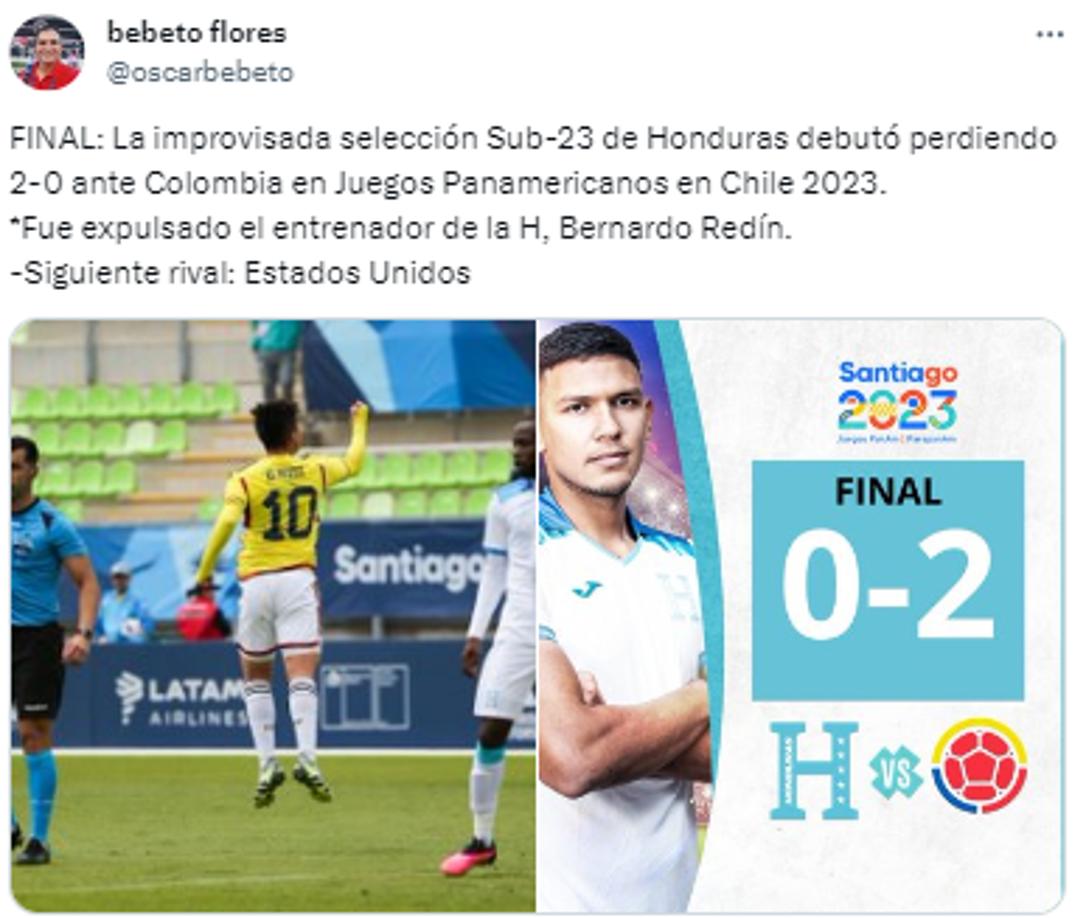 Bebeto Flores: “La improvisada selección Sub-23 de Honduras debutó perdiendo 2-0 ante Colombia en los Juegos Panamericanos en Chile 2023”.