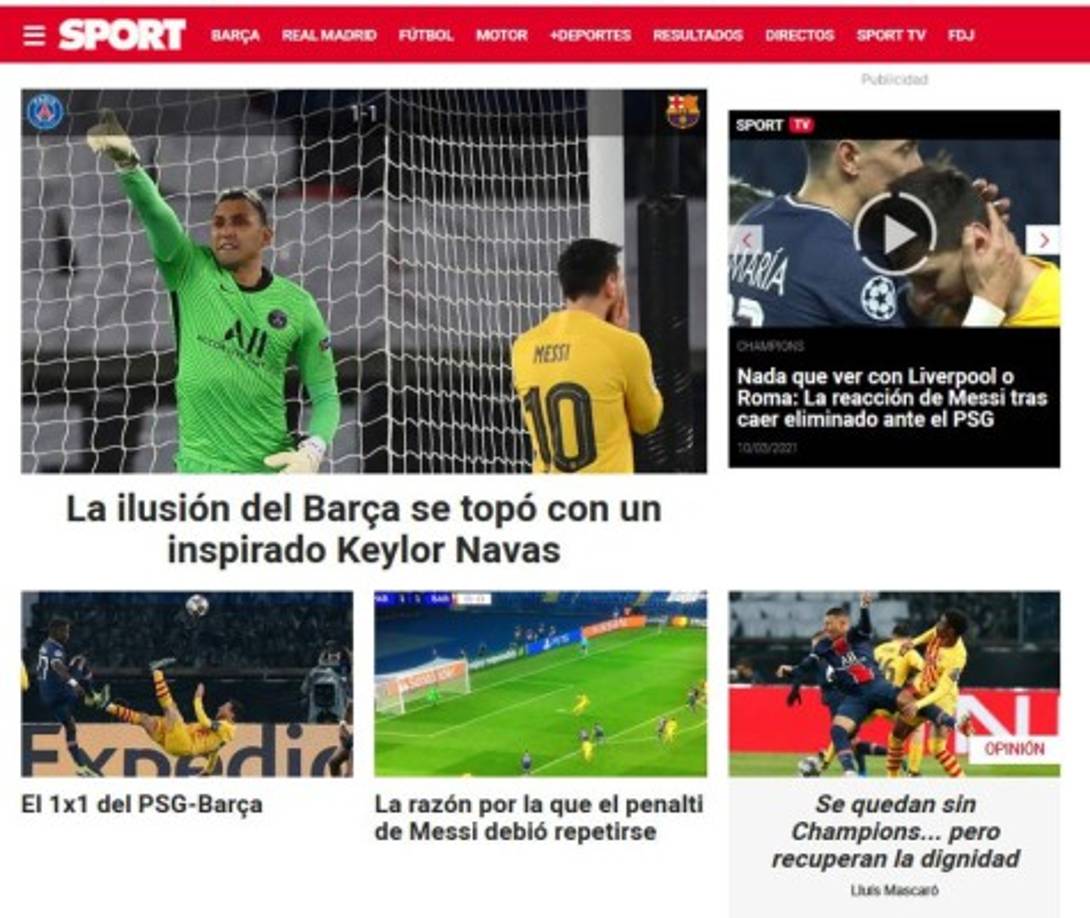 El Sport de Barcelona realza 'La ilusión del Barca se topó con un inspirado Keylor Navas' como título. El arquero salvó en reiteradas ocasiones a los de Pochettino.