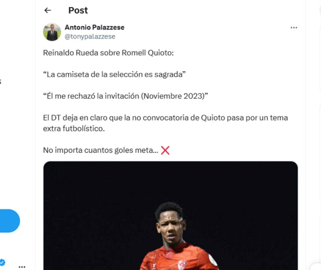 “El DT deja en claro que la no convocatoria de Quioto pasa por un tema extra futbolístico. No importa cuantos goles meta”, indicó el periodista Antonio Palazzese