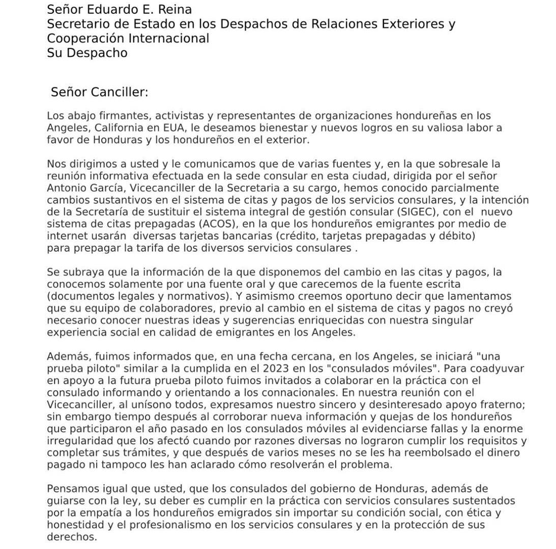 $!Parte 1 de la carta de los hondureños en Los Ángeles al canciller Eduardo Enrique Reina.