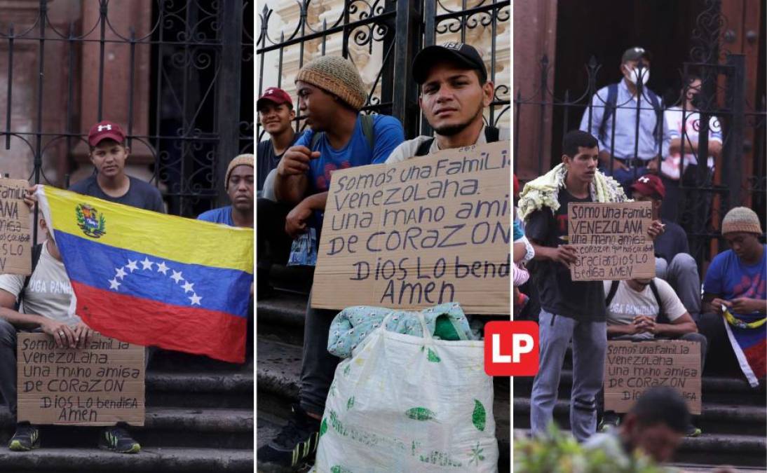 Un grupo de ciudadanos venezolanos pidió ayuda este martes en la Plaza Central del Centro Histórico de Tegucigalpa, mientras realizan su paso migratorio por Honduras con destino a Estados Unidos. 