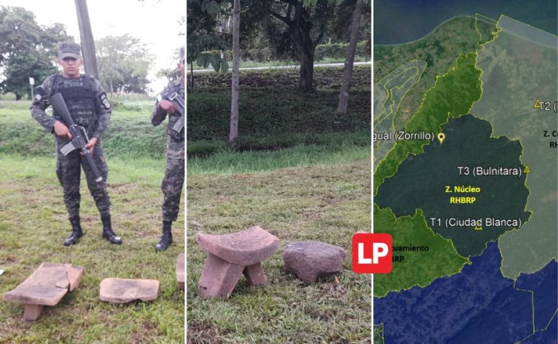 Efectivos del Primer Batallón de Protección Ambiental descubrieron varias piezas arqueológicas cerca de la Ciudad Blanca, en la Mosquitia hondureña. 