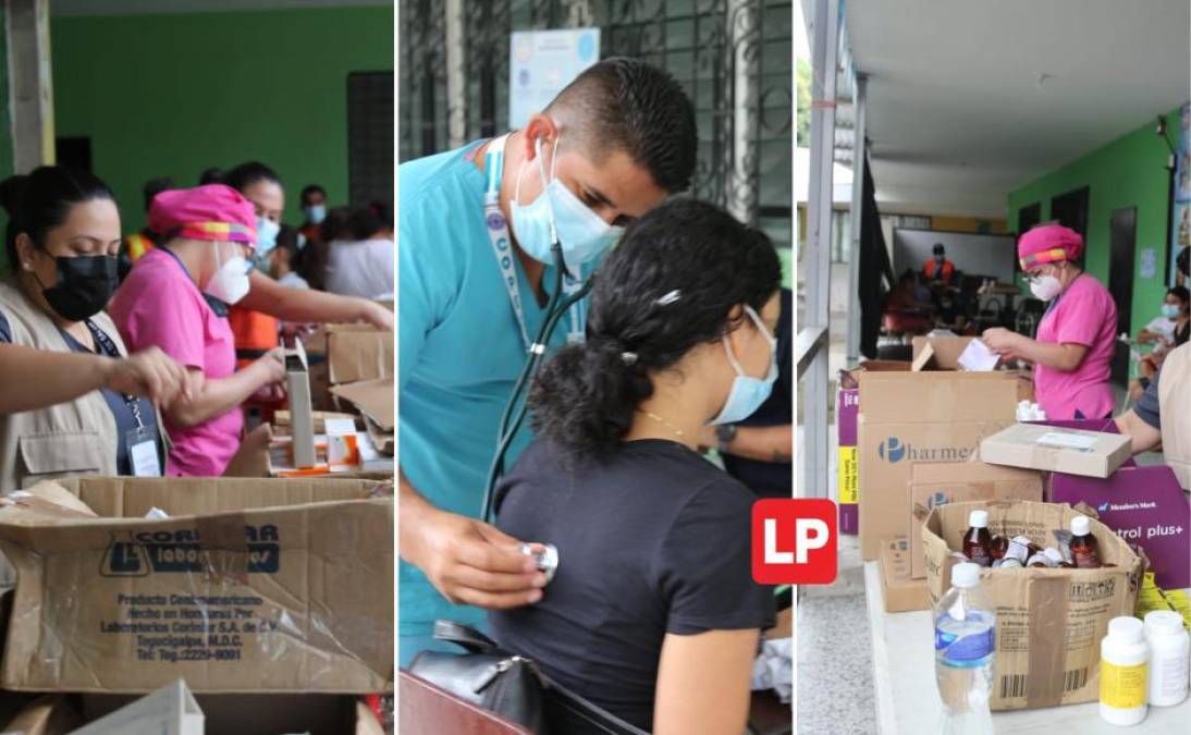 Una brigada médica estatal brinda asistencia este sábado a personas afectadas por las lluvias que fueron albergadas en un centro escolar del municipio de Choloma. 