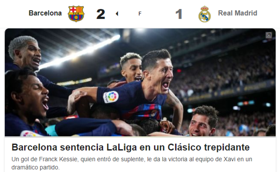 ESPN: “Barcelona sentencia LaLiga en un Clásico trepidante”.