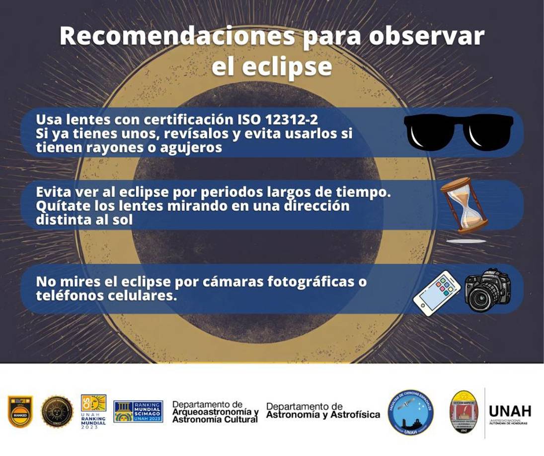 El departamento de astronomía y astrofísica de la UNAH pide evitar ver el eclipse por largo tiempo. Y al quitarse los lenres debe hacerlo mirando a una dirección distinta al sol.