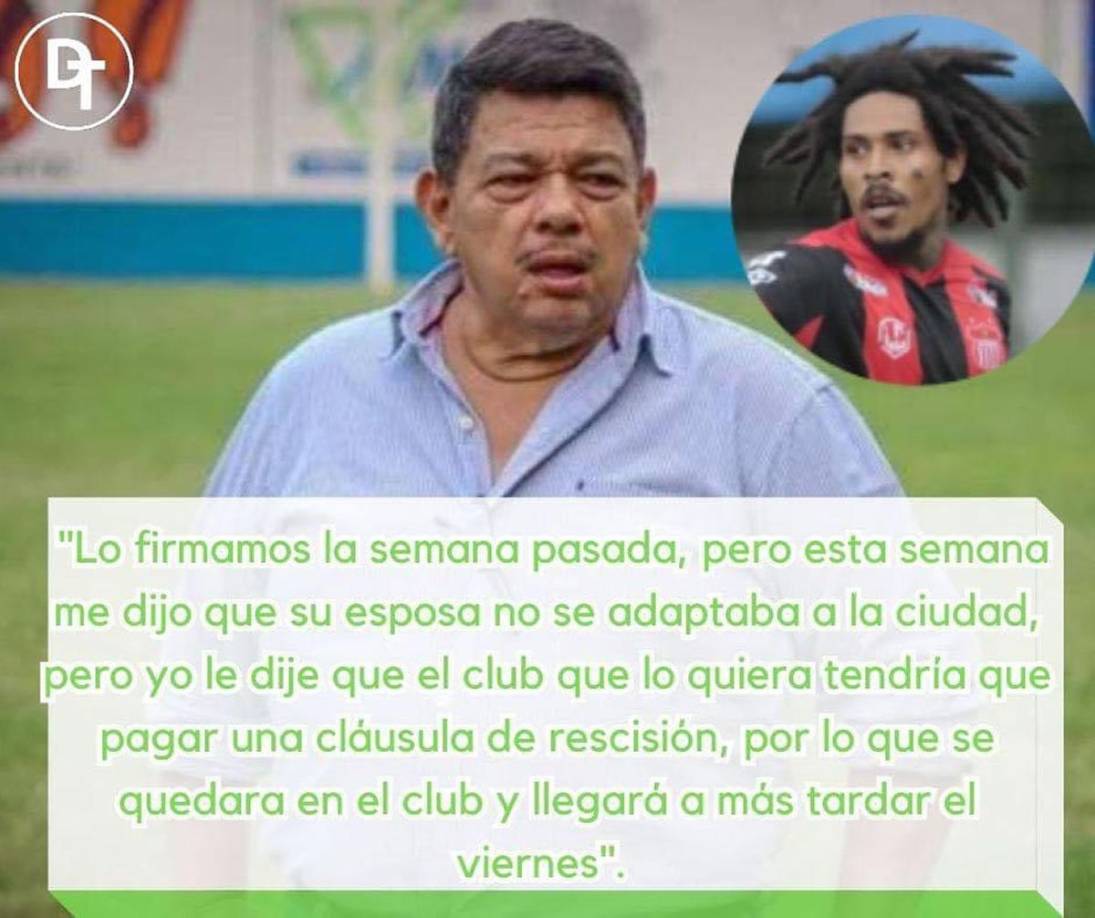 “Lo firmamos la semana pasada, pero esta semana me dijo que su esposa no se adaptaba a la ciudad, pero yo le dije que el club que lo quiera tendría que pagar una cláusula de rescisión, por lo que se quedara en el club y llegará a más tardar el viernes”, reveló Samuel García sobre el caso de Henry Figueroa, quien antes de firmar su contrato con Olancho, había estado en pláticas con Motagua, pero no llegó a un feliz término contractual.