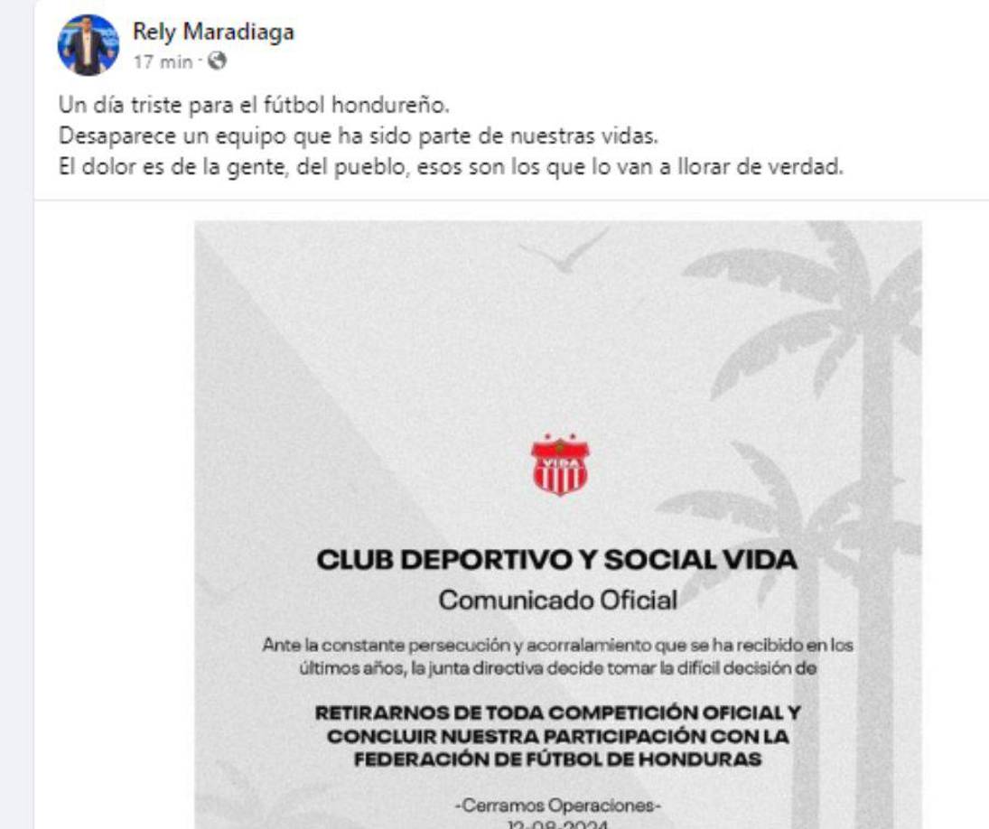 Las redes sociales han estallado tras la noticia, el periodista Rely Maradiaga dejó su mensaje sobre el adiós del Vida.