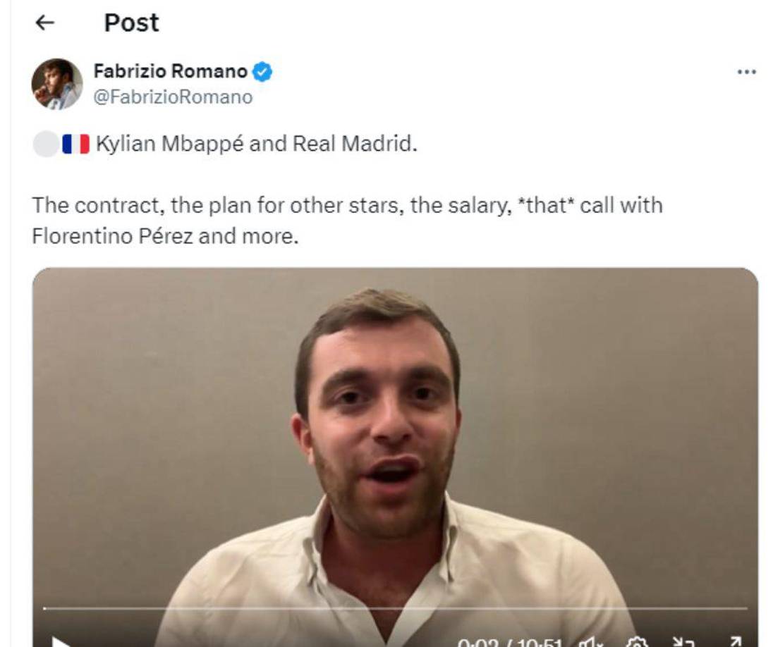 “El Real Madrid, a punto de anunciar la siguiente semana a Mbappé como nuevo fichaje tras ganar la Liga de Campeones. Mbappé tomó su decisión en febrero y ya puede ser considerado su nuevo jugador”, informó Fabrizio Romano.