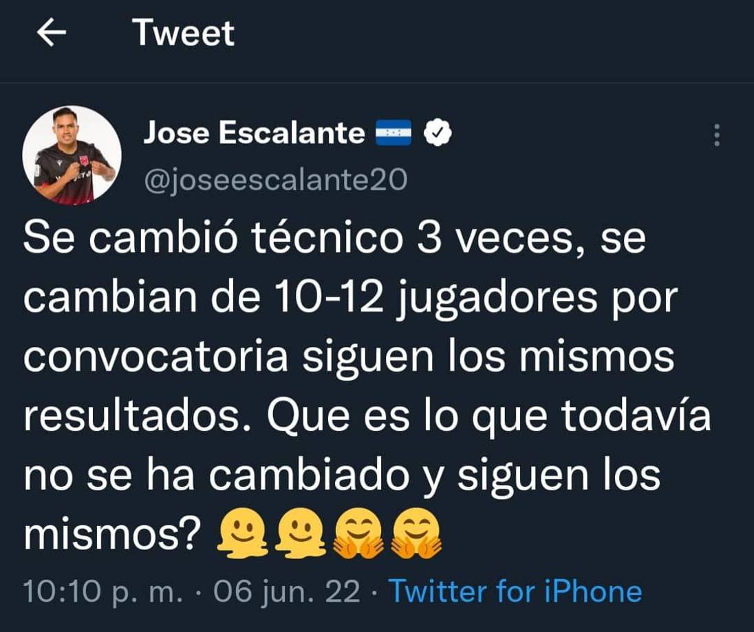 El mediocampista hondureño José Escalante lanzó un contundente comentario: “Se cambió técnico tres veces, se cambian de 10 a 12 jugadores por convocatoria y siguen los mismos resultados.¿Qué es lo que todavía no se ha cambiado y siguen los mismos?, se preguntó.