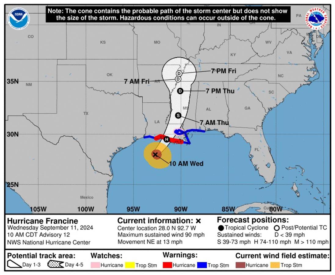 Imagen cedida por el Centro Nacional de Huracanes (NHC) estadounidense donde se muestra el pronóstico de cinco días de la trayectoria del huracán Francine.